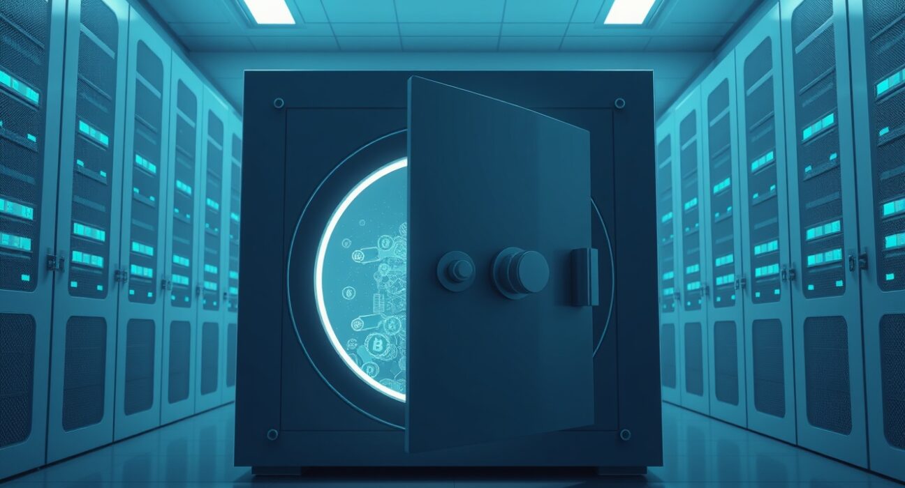 Strategic move to fortify Sky stablecoin reserves by cutting buybacks, depicted as a secure digital vault.