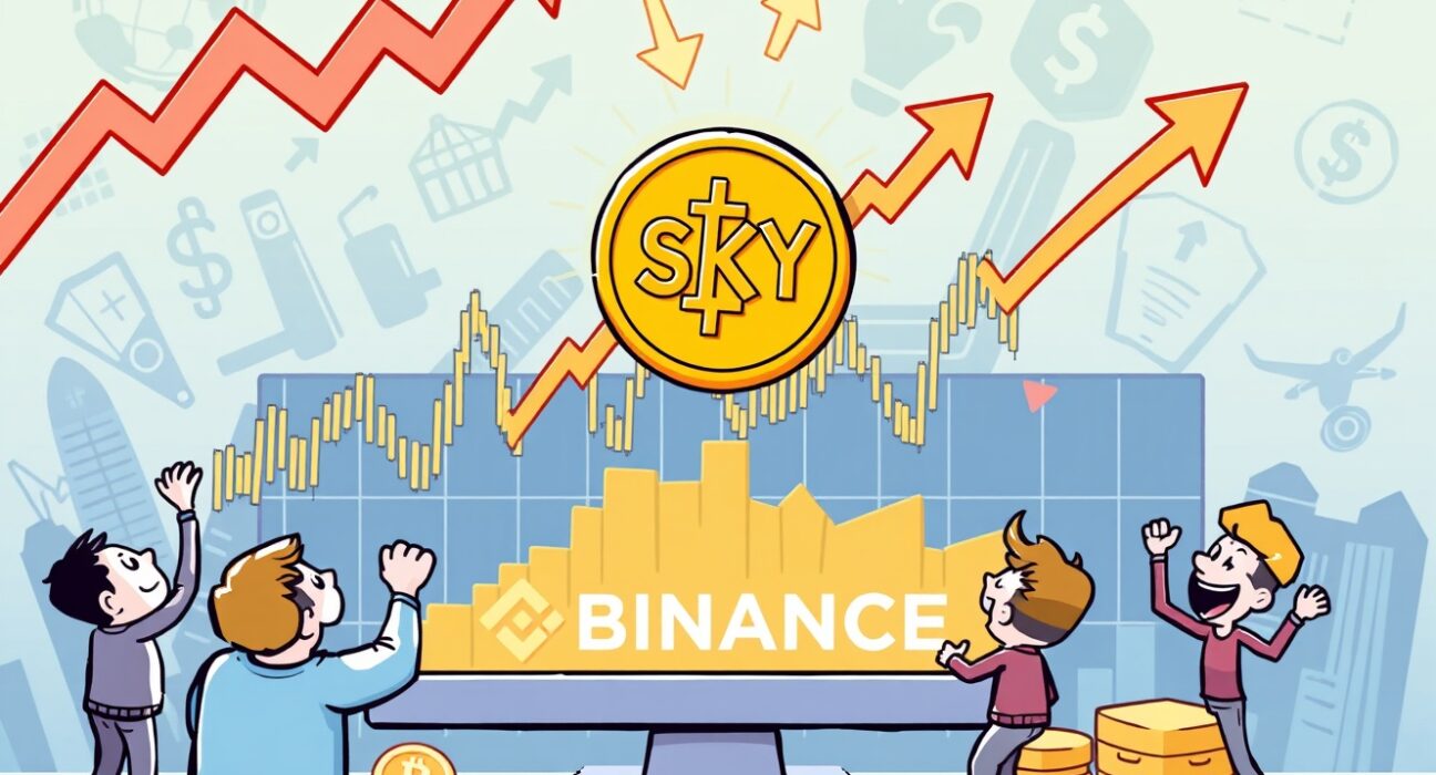 Cartoon illustration showing active SKY margin trading on a digital platform, representing new opportunities for crypto traders.