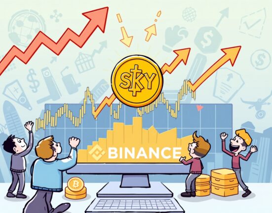 Cartoon illustration showing active SKY margin trading on a digital platform, representing new opportunities for crypto traders.