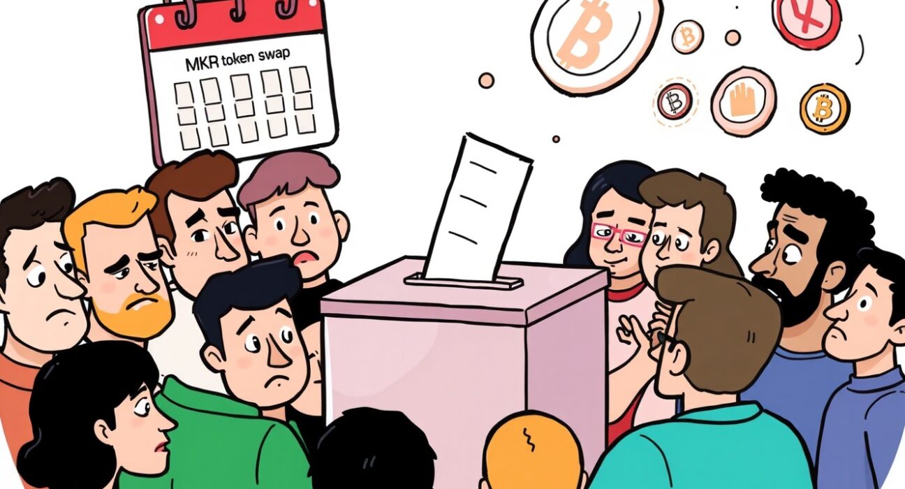 Cartoon community members deliberating a crucial vote on MKR token swap penalties, highlighting the importance of timely action.