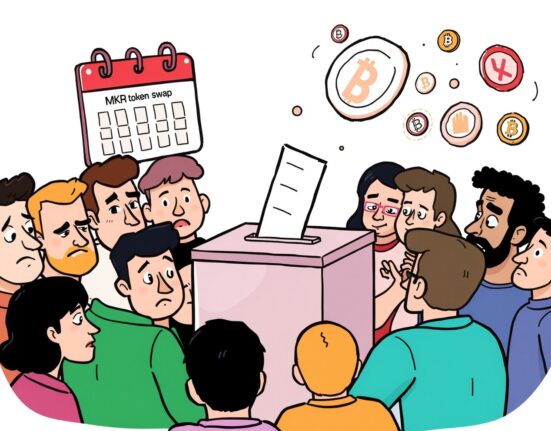 Cartoon community members deliberating a crucial vote on MKR token swap penalties, highlighting the importance of timely action.