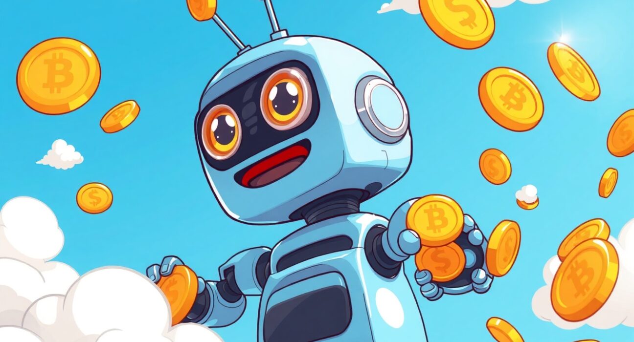 Sky Protocol buyback illustrated as a robot collecting tokens from clouds