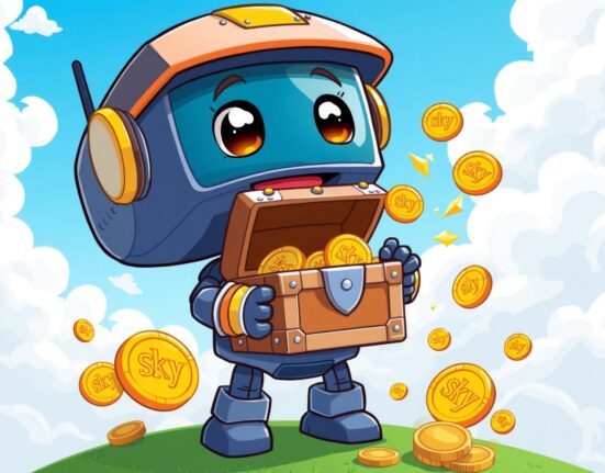 Sky Protocol buyback illustrated as a cheerful robot collecting SKY tokens from digital clouds into a treasure chest.