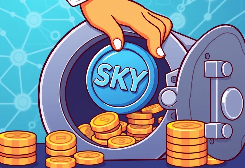 A cartoon illustration depicting a strategic Sky Protocol buyback, symbolizing increased token value and ecosystem strength.