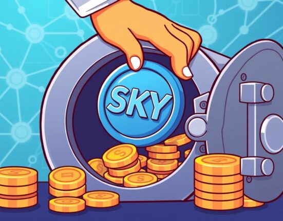A cartoon illustration depicting a strategic Sky Protocol buyback, symbolizing increased token value and ecosystem strength.