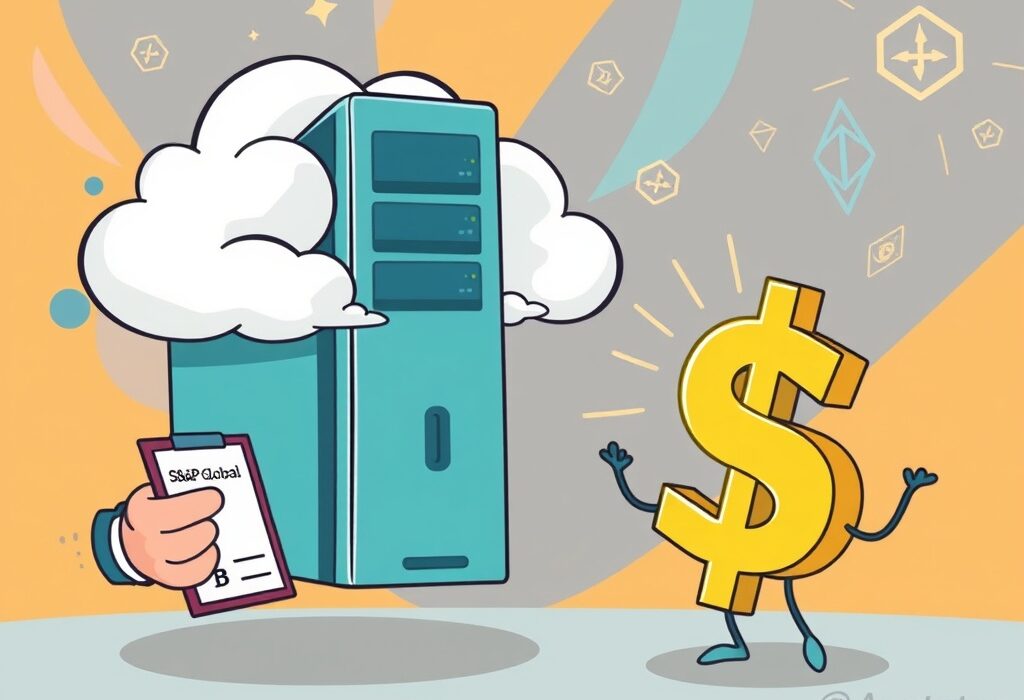 Cartoon showing S&P Global assigning a B- Sky Protocol rating to a decentralized lending platform, highlighting its risk profile.