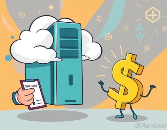 Cartoon showing S&P Global assigning a B- Sky Protocol rating to a decentralized lending platform, highlighting its risk profile.