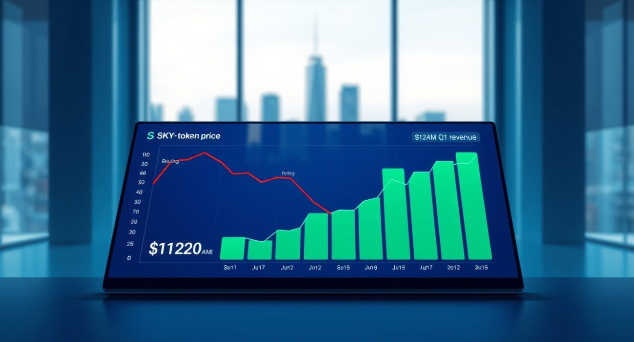 Sky token price chart declining against a backdrop of record Q1 revenue bar graph, illustrating the DeFi lender's strategic choice for emergency fund.