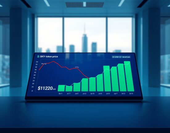 Sky token price chart declining against a backdrop of record Q1 revenue bar graph, illustrating the DeFi lender's strategic choice for emergency fund.