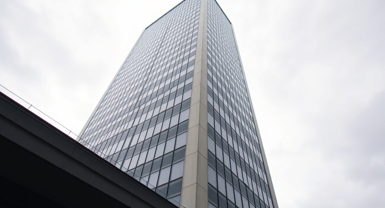 Exterior of a modern office building representing SkyBridge Capital's headquarters, with overcast sky conveying a serious financial news mood.