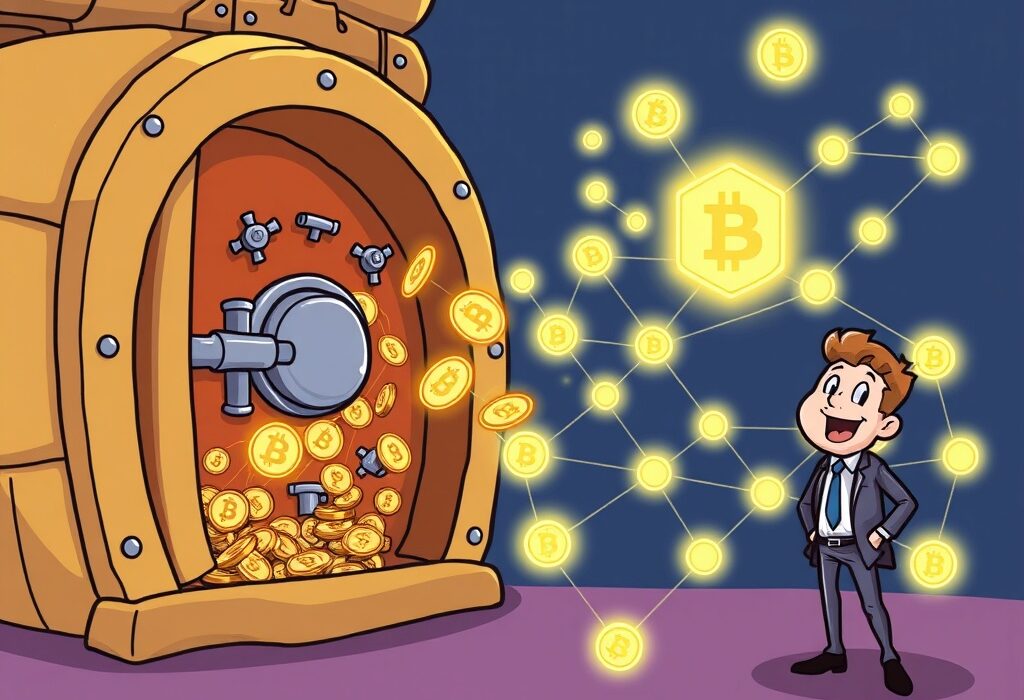 Cartoon illustration of SkyBridge tokenization of assets flowing onto the Avalanche blockchain, symbolizing digital finance innovation.