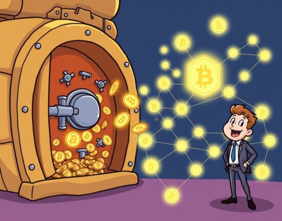 Cartoon illustration of SkyBridge tokenization of assets flowing onto the Avalanche blockchain, symbolizing digital finance innovation.