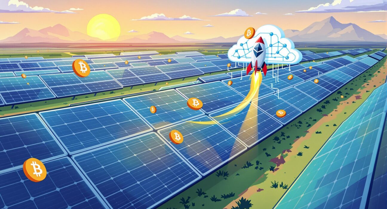 A cartoon illustration showing solar panels accepting crypto payments and investing in Ethereum, symbolizing Skycorp Solar's pioneering move into digital assets.