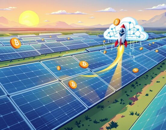 A cartoon illustration showing solar panels accepting crypto payments and investing in Ethereum, symbolizing Skycorp Solar's pioneering move into digital assets.