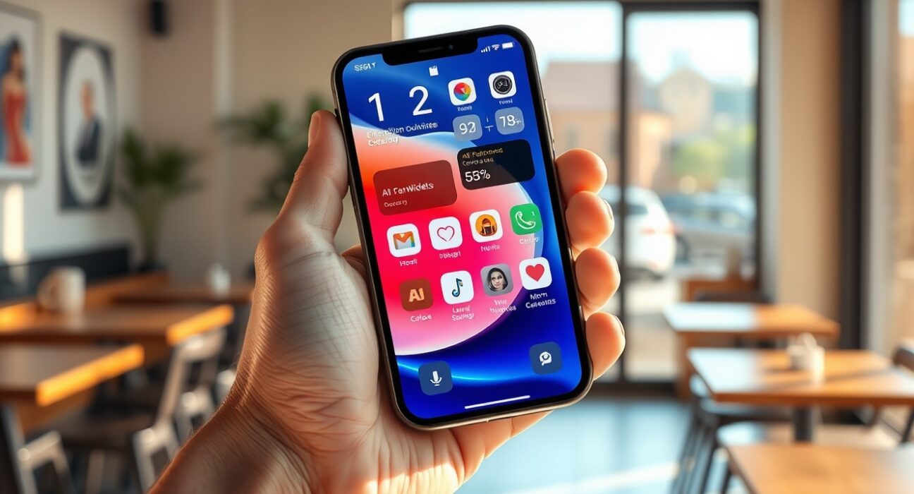 Skye AI home screen app on an iPhone showing personalized widgets in a coffee shop setting.