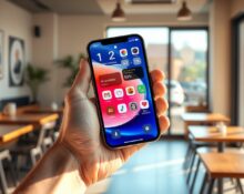 Skye AI home screen app on an iPhone showing personalized widgets in a coffee shop setting.