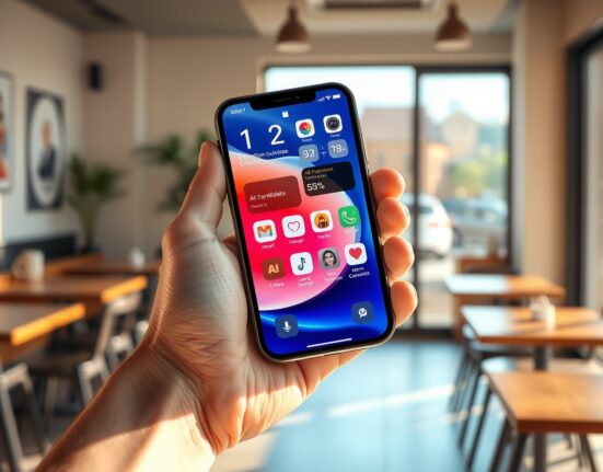 Skye AI home screen app on an iPhone showing personalized widgets in a coffee shop setting.
