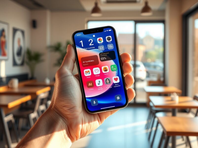 Skye AI home screen app on an iPhone showing personalized widgets in a coffee shop setting.