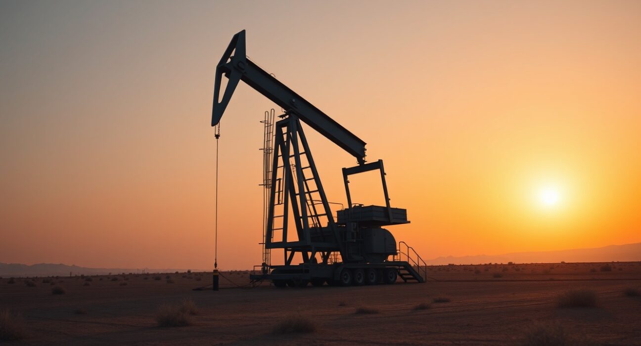 Oil drilling rig in desert at sunset representing SLB energy operations