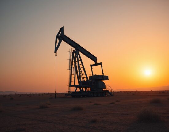 Oil drilling rig in desert at sunset representing SLB energy operations