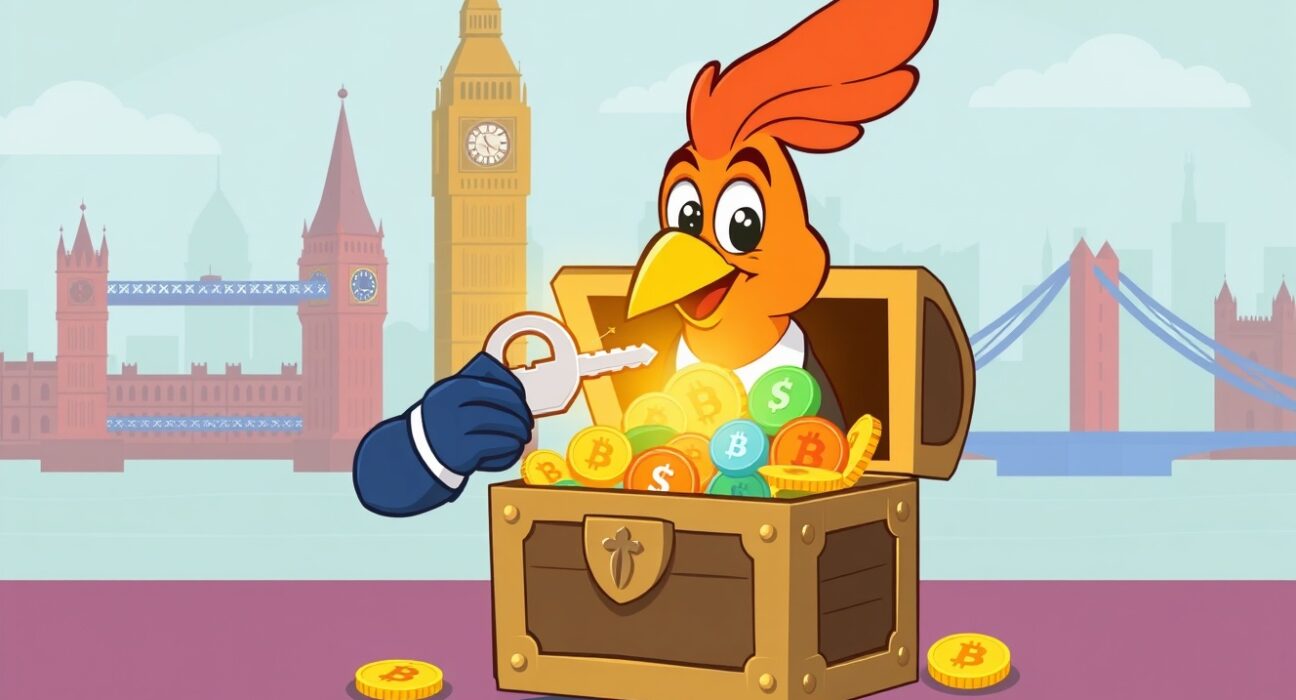 A vibrant cartoon bird unlocking a treasure chest of cryptocurrency, symbolizing Sling Money's secure payment service expansion in the UK.
