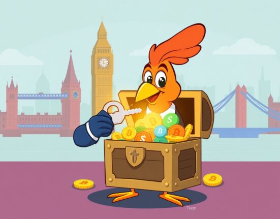 A vibrant cartoon bird unlocking a treasure chest of cryptocurrency, symbolizing Sling Money's secure payment service expansion in the UK.