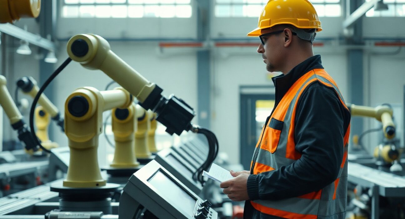 Worker overseeing robotic assembly line in a modern Slovak factory