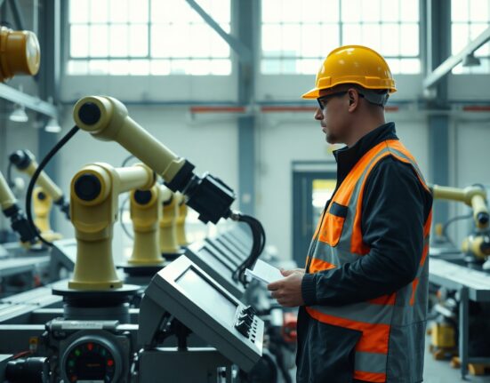 Worker overseeing robotic assembly line in a modern Slovak factory