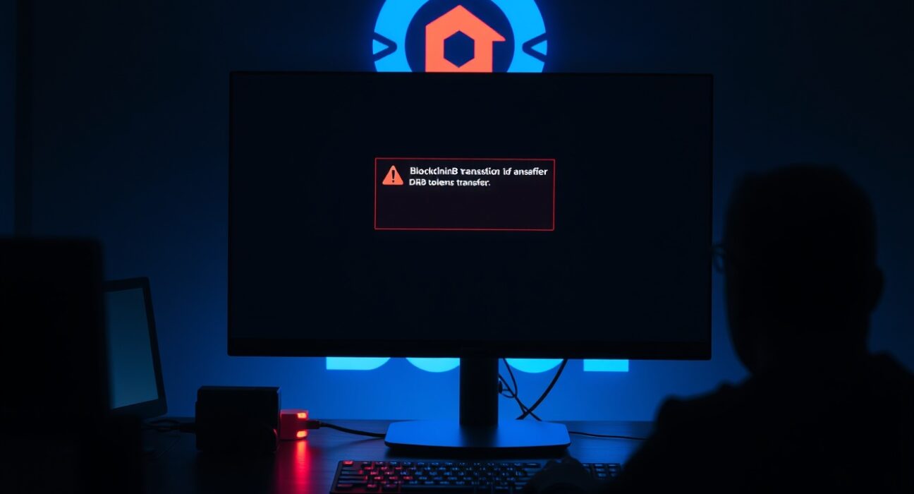 Dimly lit command center with monitor showing blockchain theft alert for DRB tokens on Base chain.