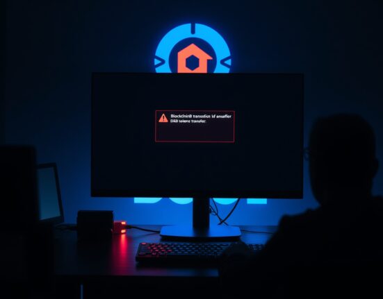 Dimly lit command center with monitor showing blockchain theft alert for DRB tokens on Base chain.