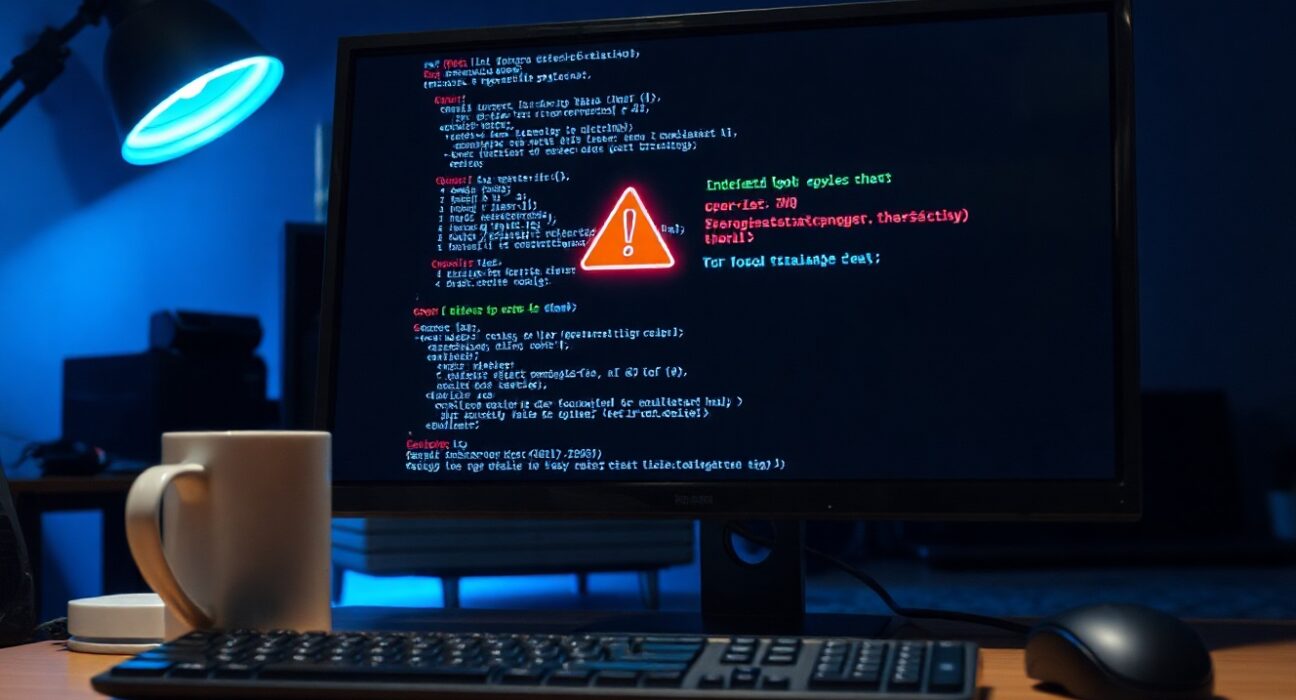 Computer screen showing malicious code and a warning icon in a dimly lit room, representing a cybersecurity threat.