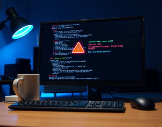 Computer screen showing malicious code and a warning icon in a dimly lit room, representing a cybersecurity threat.