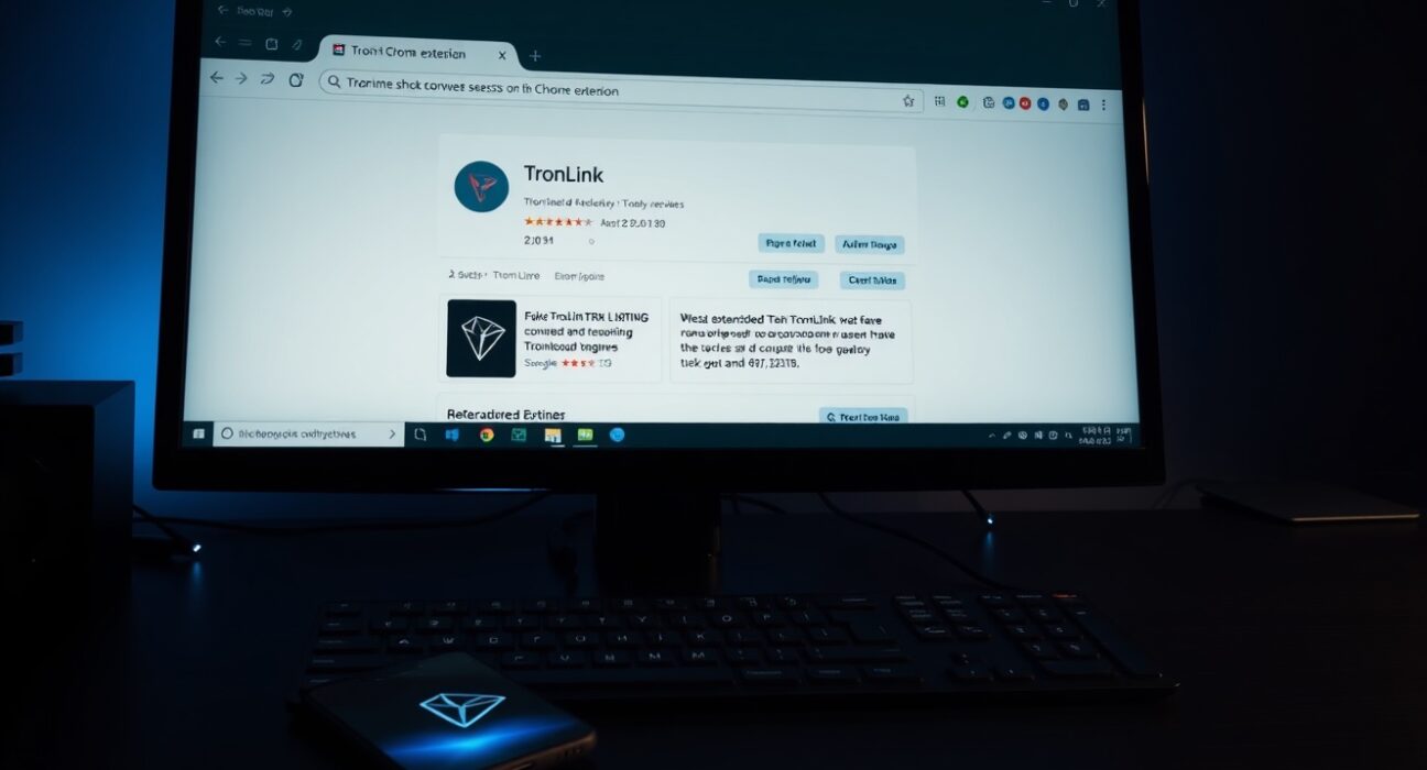 Computer screen showing fake TronLink Chrome extension with fraudulent reviews and download counts.