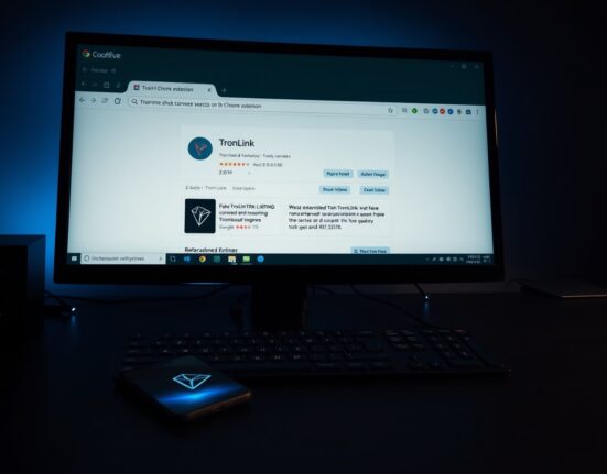 Computer screen showing fake TronLink Chrome extension with fraudulent reviews and download counts.