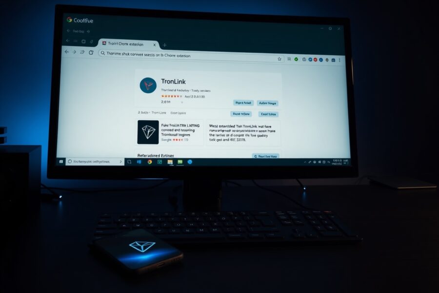 Computer screen showing fake TronLink Chrome extension with fraudulent reviews and download counts.