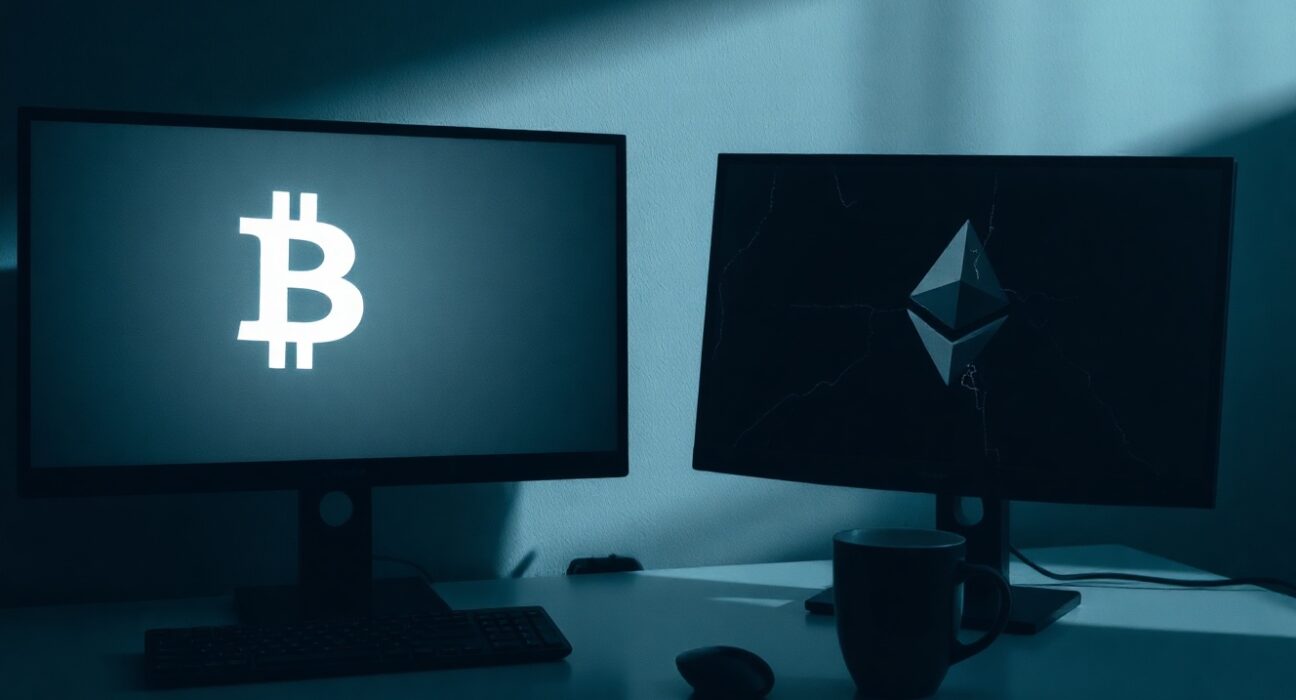 Dimly lit trading desk with a cracked monitor symbolizing Ethereum's failure and a faded Bitcoin logo.