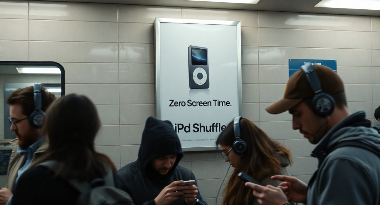 Commuters on a subway platform beneath a poster for an iPod Shuffle advertising zero screen time