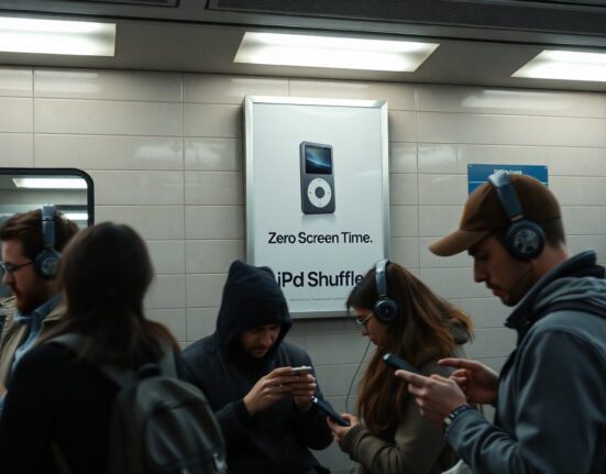 Commuters on a subway platform beneath a poster for an iPod Shuffle advertising zero screen time