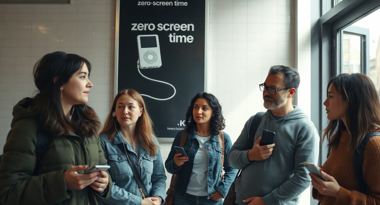 Subway commuters looking at an iPod Shuffle ad promoting zero screen time, with some holding retro devices