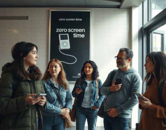 Subway commuters looking at an iPod Shuffle ad promoting zero screen time, with some holding retro devices