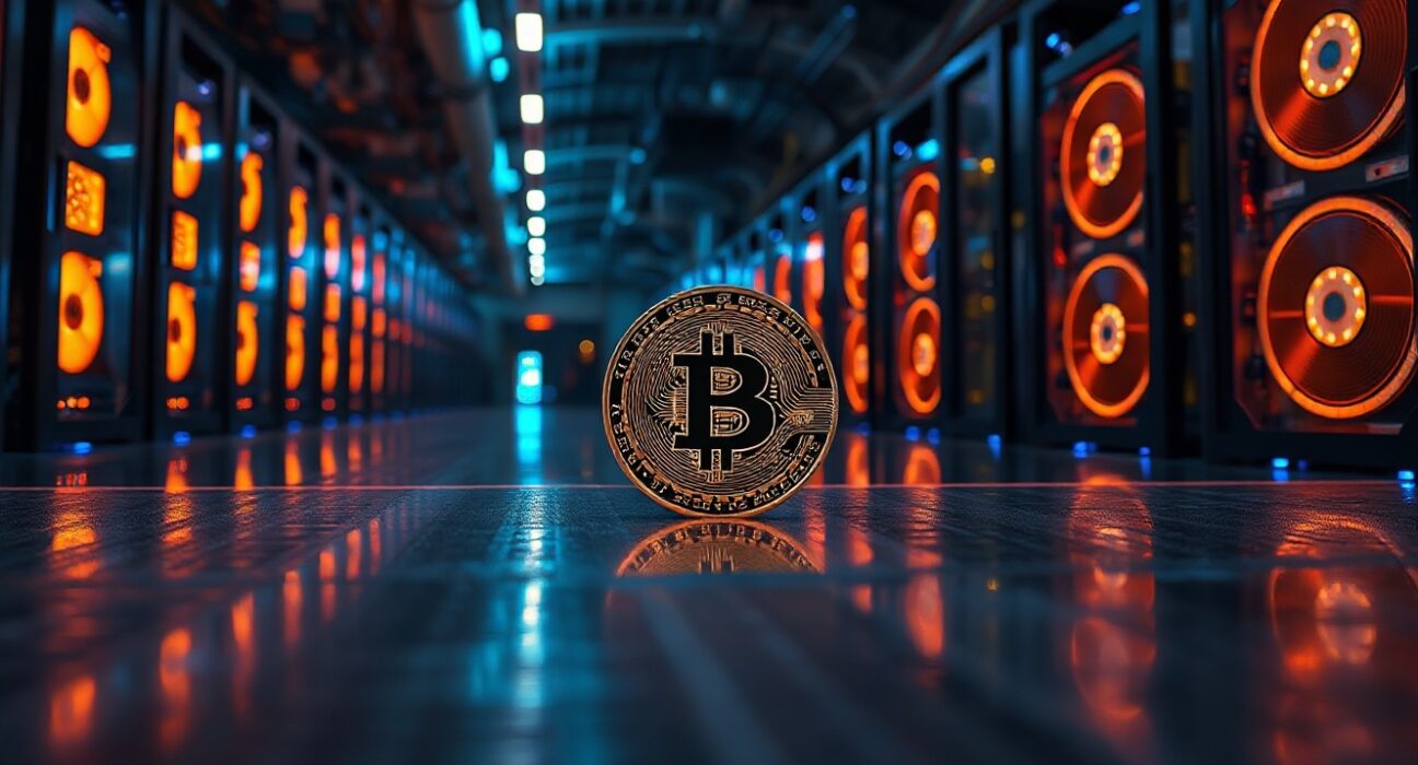 Bitcoin mining rig with glowing LEDs in a modern facility, representing small transaction volume growth.