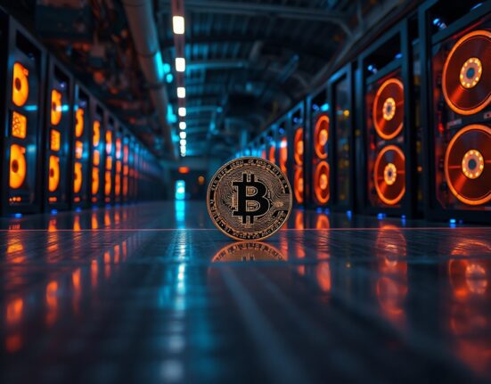 Bitcoin mining rig with glowing LEDs in a modern facility, representing small transaction volume growth.