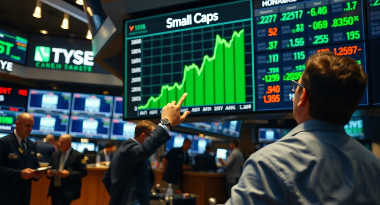 Stock market trading floor with analyst pointing to a small cap index chart showing upward trend.