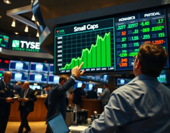 Stock market trading floor with analyst pointing to a small cap index chart showing upward trend.