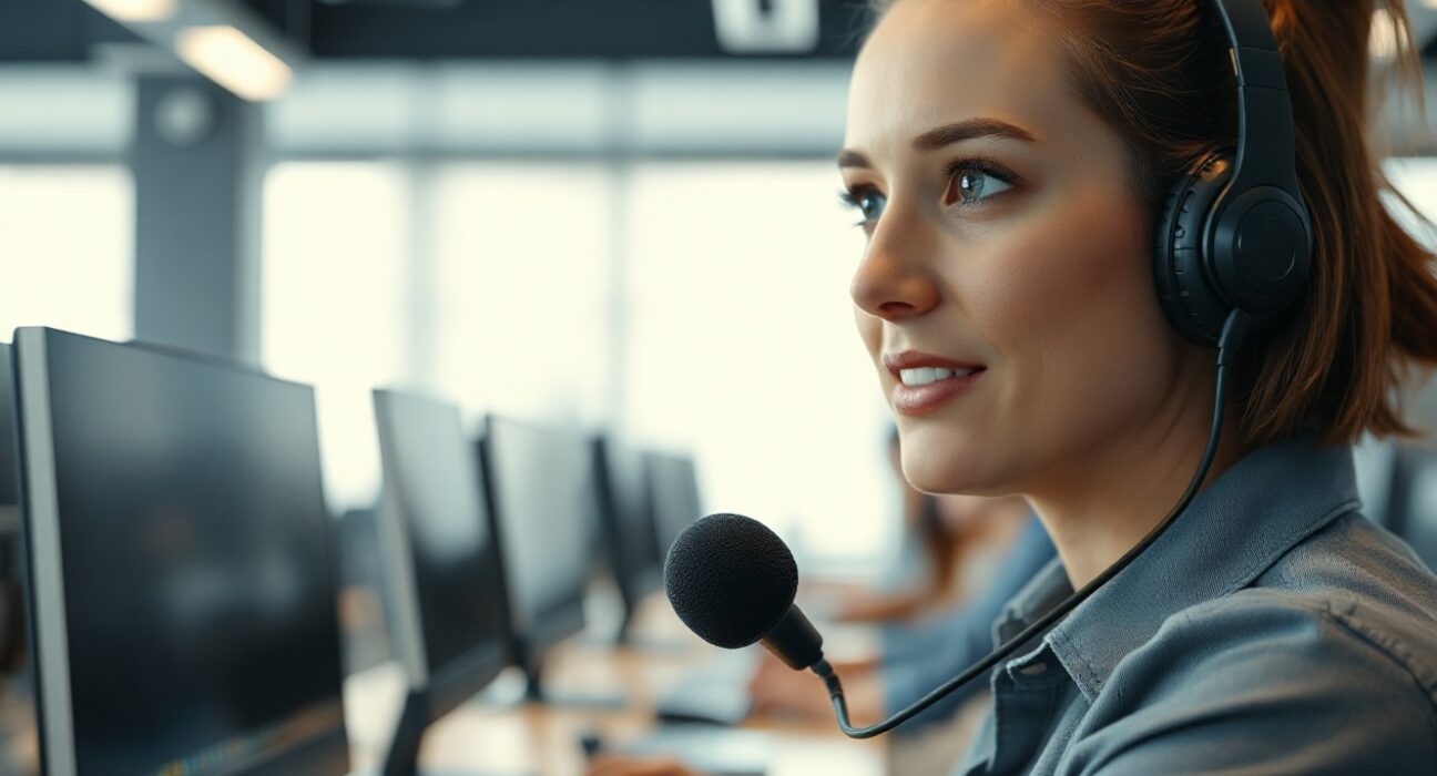 Customer support agent wearing headset in modern office, representing voice AI technology