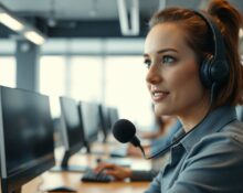 Customer support agent wearing headset in modern office, representing voice AI technology