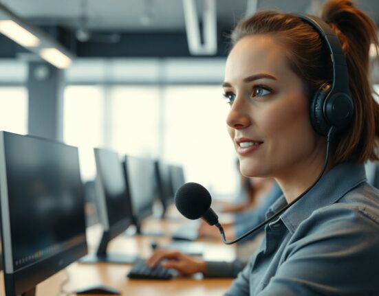 Customer support agent wearing headset in modern office, representing voice AI technology