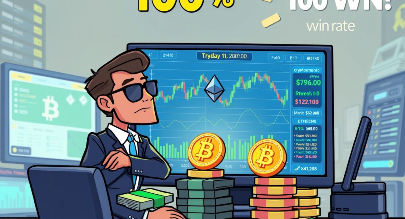 Cartoon illustration of a highly successful Smart Crypto Trader managing a massive portfolio of Bitcoin, Ethereum, and Solana.