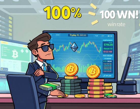 Cartoon illustration of a highly successful Smart Crypto Trader managing a massive portfolio of Bitcoin, Ethereum, and Solana.