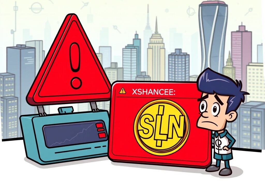 A cartoon illustration showing a red warning sign next to a Smart Layer SLN coin on a crypto exchange, symbolizing the investment warning.